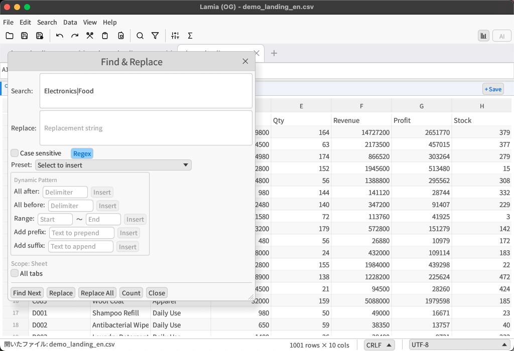 Lamia search and replace (regex)